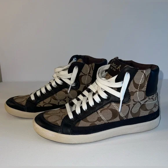 Coach Ellis Signature Canvas Womens Sz 6.5 High Top Khaki Brown Sneakers Shoes - Picture 4 of 10